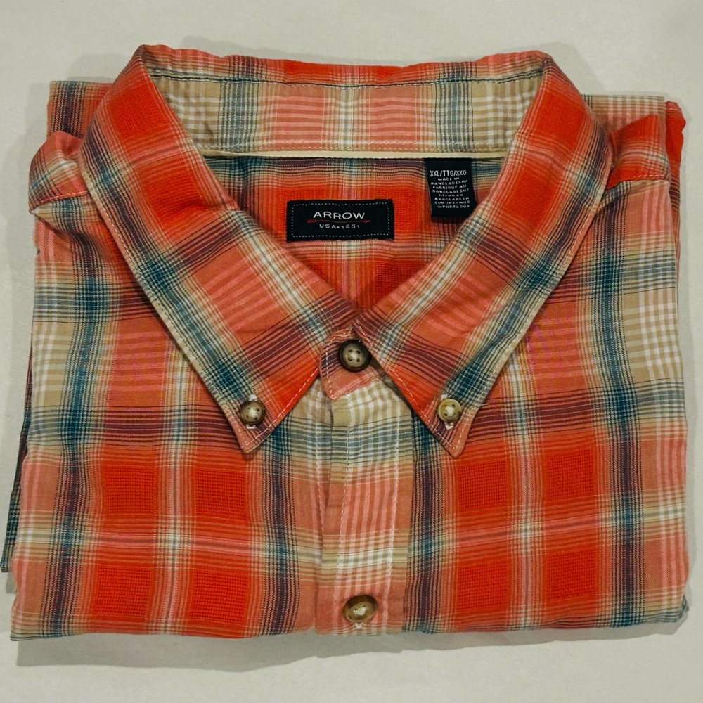 Men's Tartan Red Plaid Short Sleeve Button Collar Shirt Sz XXL